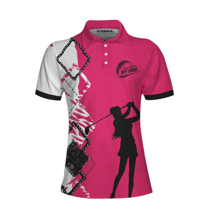 Your Hole Is My Goal Golf Short Sleeve Women Polo Shirt White And Pink Golf Shirt For Ladies - 1