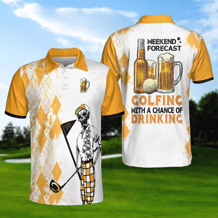 Weekend Forecast Beer And Golf Polo Shirt, Argyle Pattern Skeleton Golfer Polo Shirt, Golf Shirt For Beer Lovers