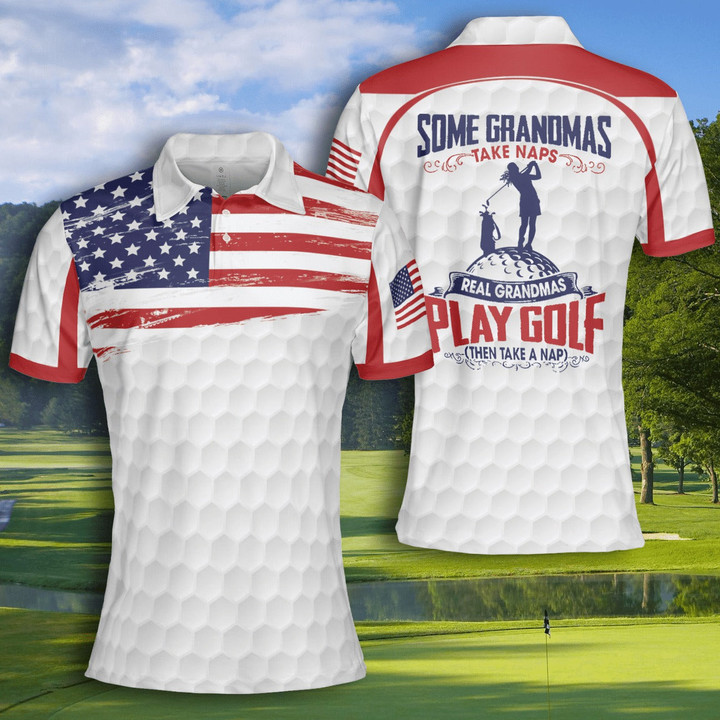 Some Grandmas Take Naps Real Grandmas Play Golf American Flag Short Sleeve Woman Polo Shirt - 1