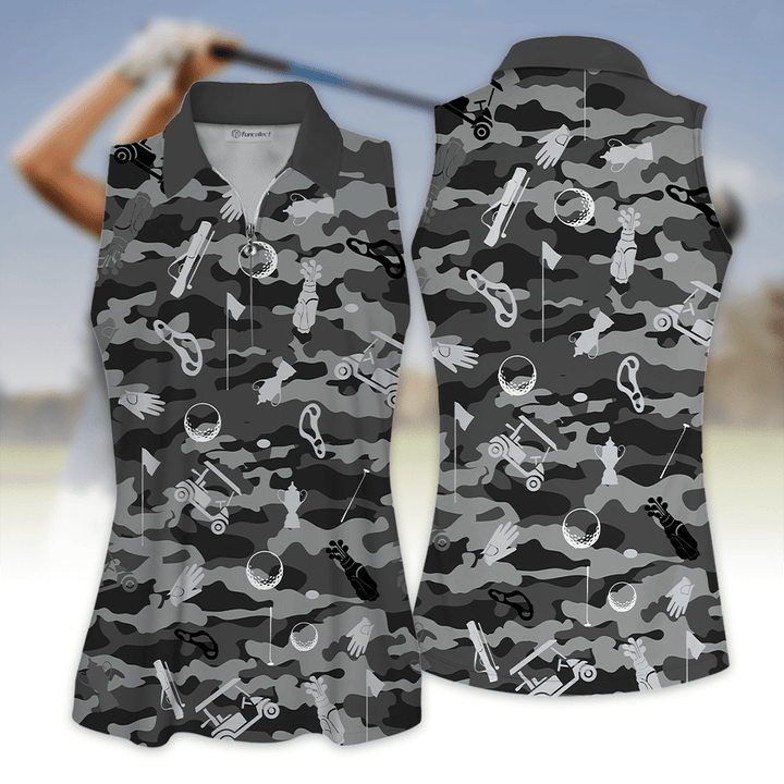 Sleeveless Polo Shirt For Golf Grey Camouflage Golf Set Golf Women Sleeveless Zip Polo Shirt