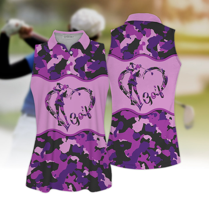 Purple Golf Camouflage Pattern Sleeveless Polo Shirt Sleeveless Zipper Polo Shirt or Long Sleeve Polo Shirt