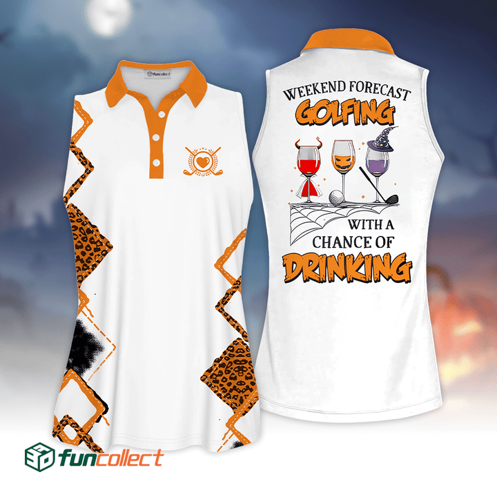 Halloween Weekend Forecast Golfing With A Chance Of Drinking Golf Sleeveless Polo Shirt Sleeveless Zipper Polo Shirt or Long Sleeve Polo Shirt