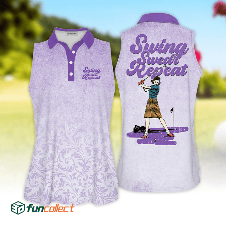 Golf Vintage Swing Swear Repeat Golfer Gift Sleeveless Polo Shirt Short Sleeve Long Sleeve Polo Shirt