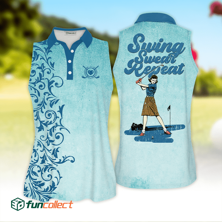 Golf Vintage Pattern Swing Swear Repeat Golfer Gift Sleeveless Polo Shirt Short Sleeve Long Sleeve Polo Shirt