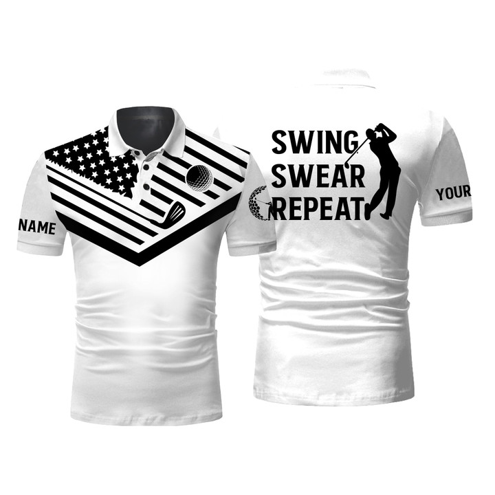 Mens Golf Polo Shirt Black American Flag 4Th July Custom Name Swing Swear Repeat White Golf Shirt