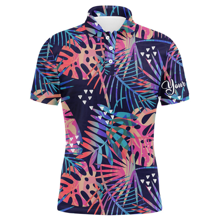 Men Golf Polo Upf Shirts With Colorful Tropical Plants And Palm Leaves  Custom Team Golf Polo Shirts