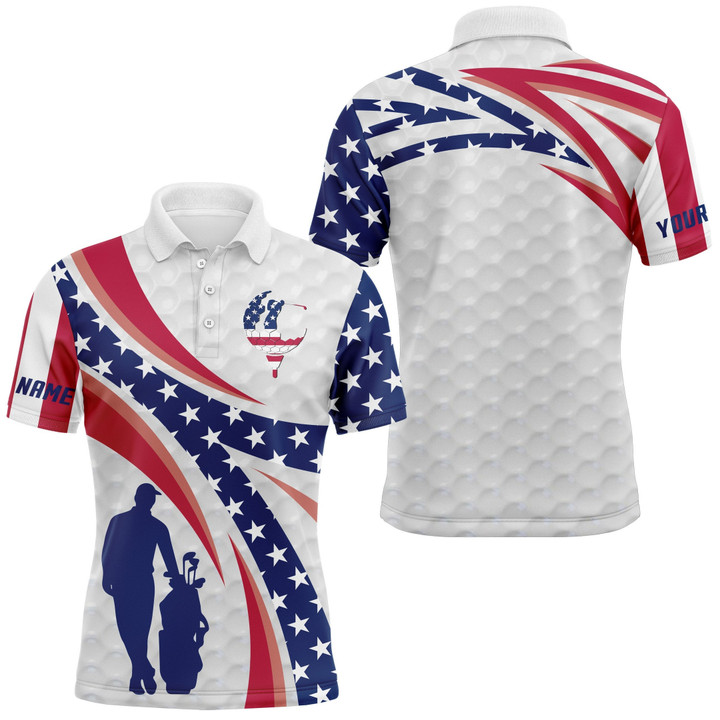 Personalized Golf Polo Shirts American Flag White Custom Name Mens Long Sleeve Golf Tops Golfing Gift