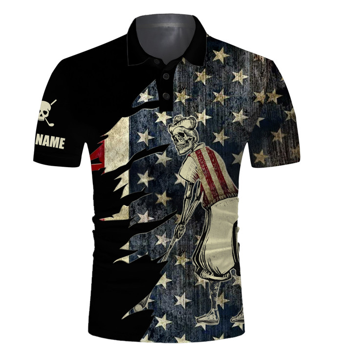 American Flag Golf Skull Patriotic Men Golf Polo Upf Shirts Custom Team Black Golf Polo