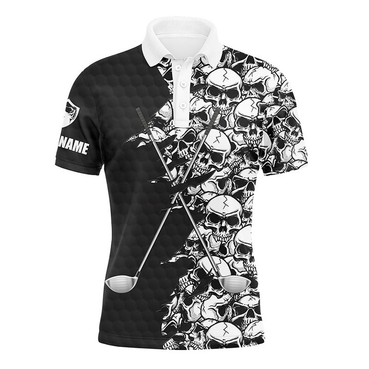 Mens Long Sleeve Golf Tops Polo Black Pattern Skull Golf Clubs Custom Name Golf Performance Shirts