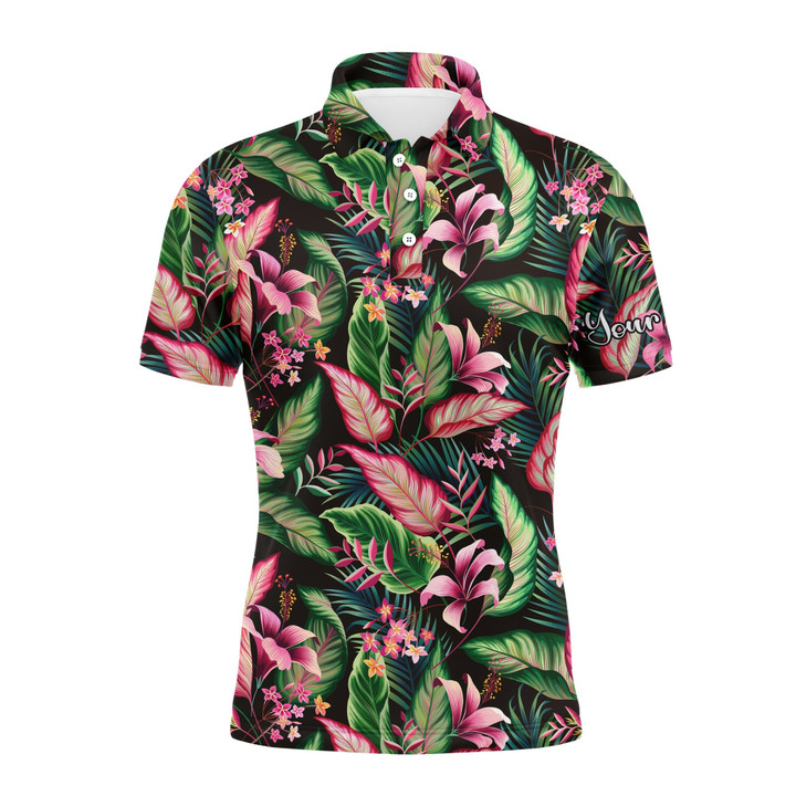 Men Golf Polo Upf Shirts Floral Pattern With Tropical Leaves Custom Team Golf Polo Shirts