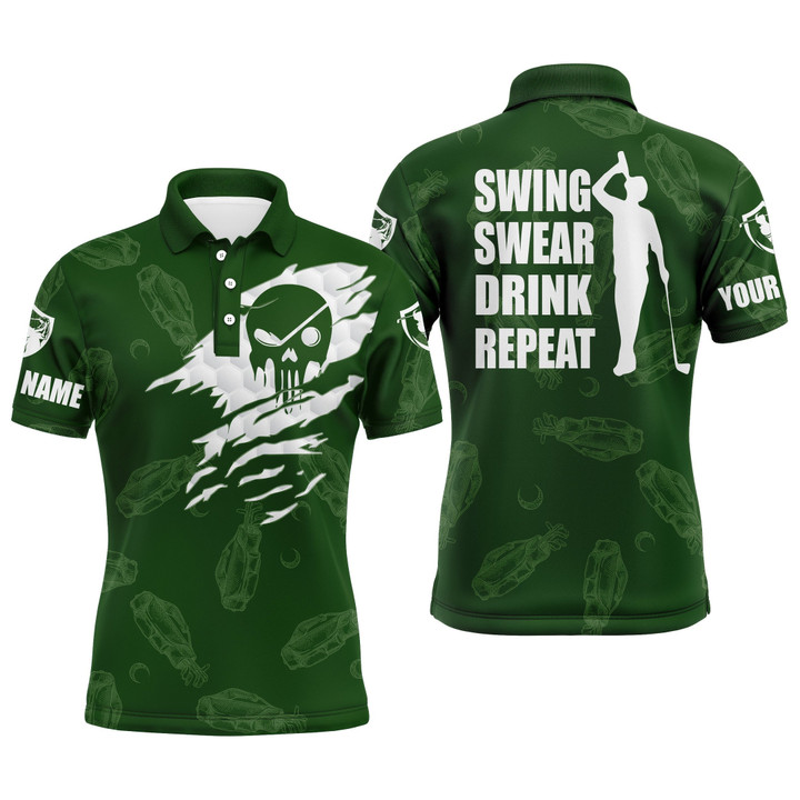 Mens Golf Polo Shirt Swing Swear Drink Repeat Custom Name Golf Clubs Pattern Shirt Green