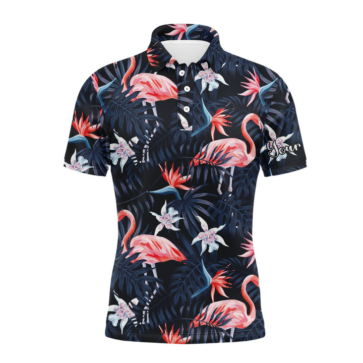 Men Golf Polo Upf Shirts Tropical Birds Pink Flamingo Dark Blue Palm Leaves Custom Polo Shirts