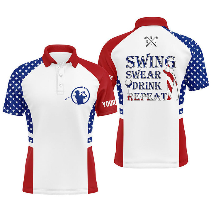 Mens Golf Polo Shirt Swing Swear Drink Repeat Custom Name American Flag Patriotic White Golf Shirt