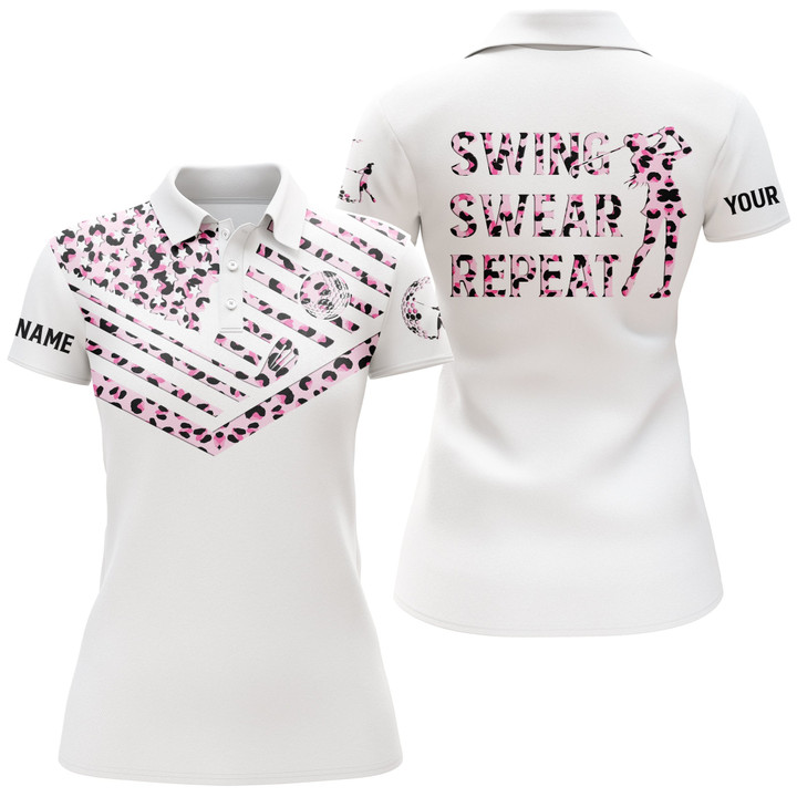 Womens golf polo shirt pink leopard American flag custom name swing swear repeat white golf shirt NQS3636 - 1