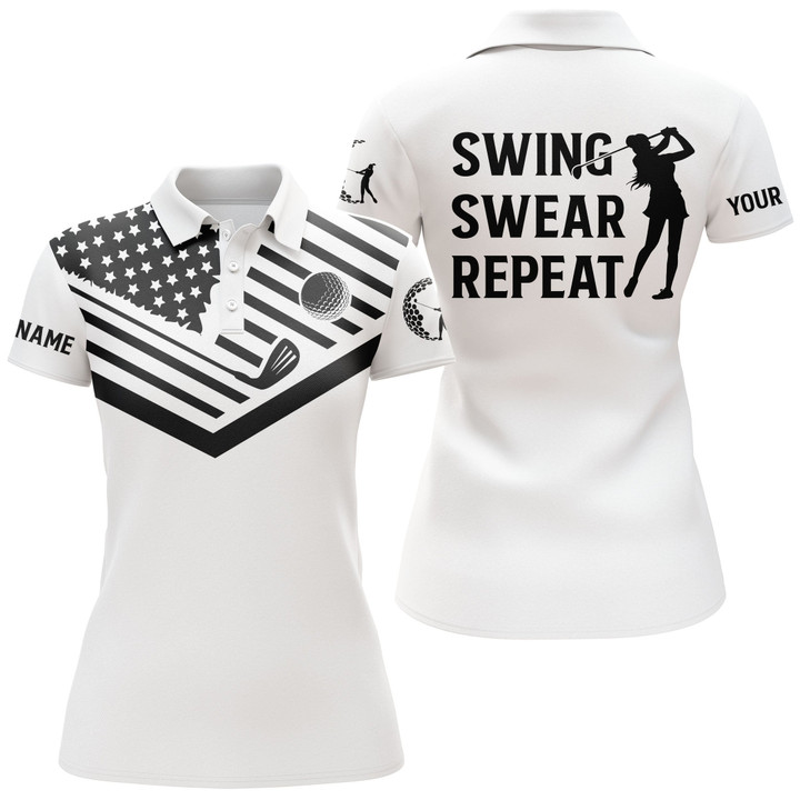 Womens golf polo shirt black American flag custom name swing swear repeat white golf shirt NQS3546 - 1
