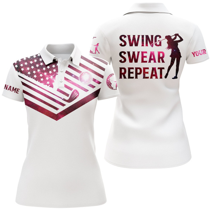 Womens golf polo shirt pink galaxy American flag custom name swing swear repeat white golf shirt NQS3473 - 1