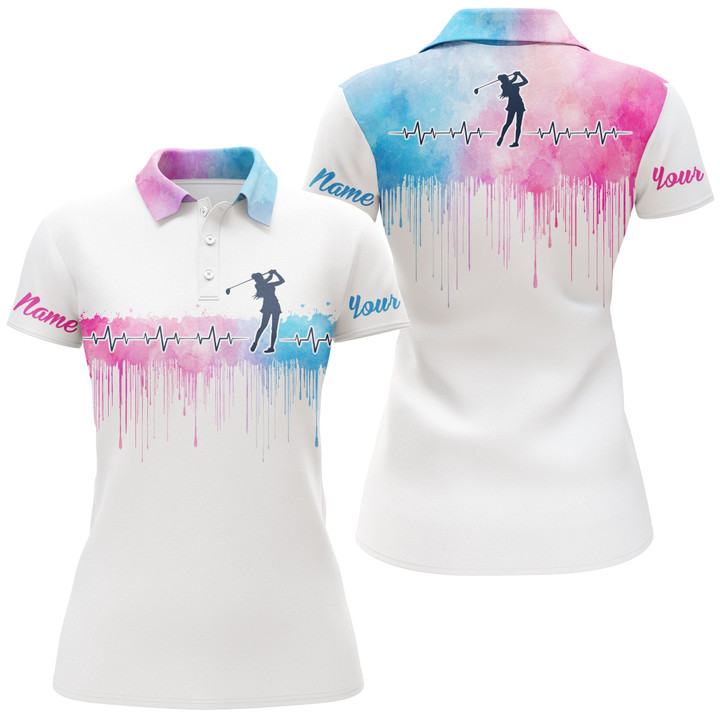 Golf Heartbeat Golfer Pink blue watercolor women golf polo shirt custom name gifts for golf lovers NQS3762 - 1