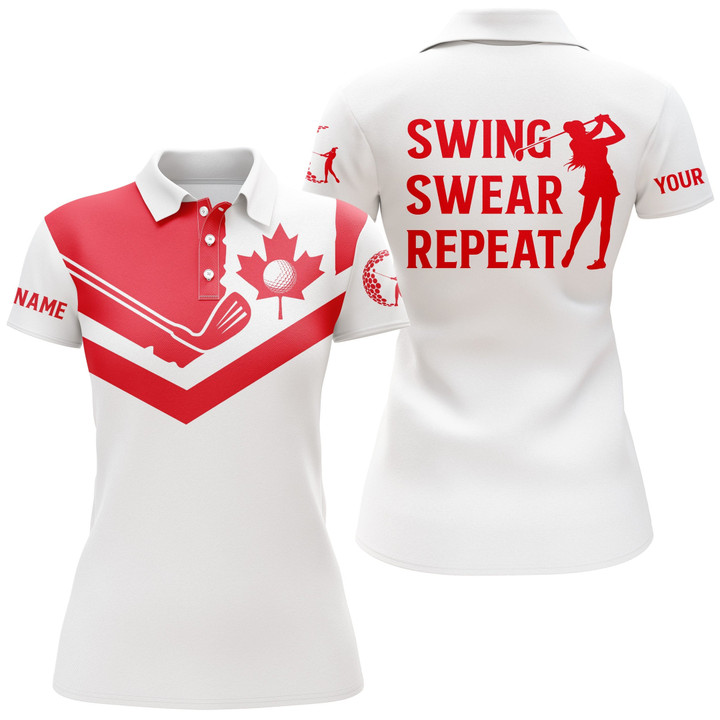 Womens golf polo shirt Canada flag patriotic custom name swing swear repeat red and white golf shirt NQS3872 - 1