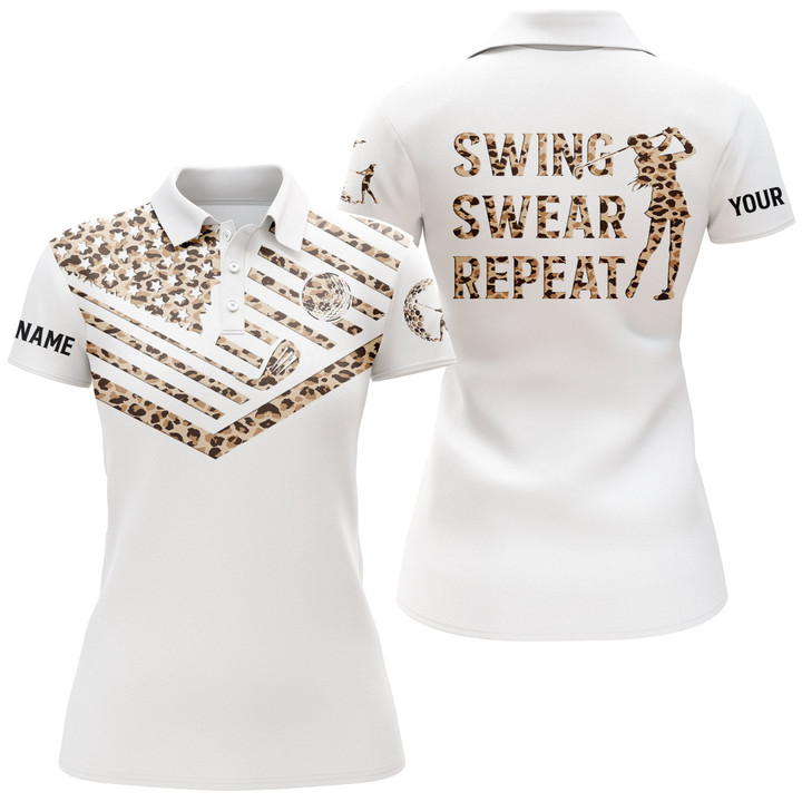 Womens golf polo shirt leopard pattern American flag custom name swing swear repeat white golf shirt NQS3635 - 1