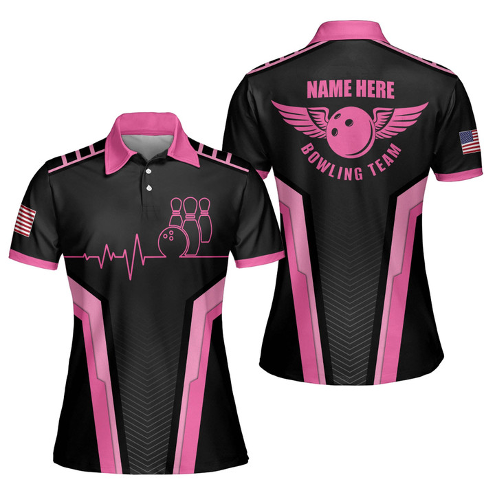 Personalized 3D Funny Heartbeat Pulse Line Pink Bowling Shirts for Women Custom Quick-Dry Bowling Shirts Short Sleeve Polo for Girls Funny Bowling Team Jerseys Shirt for Women BW-073 - 1