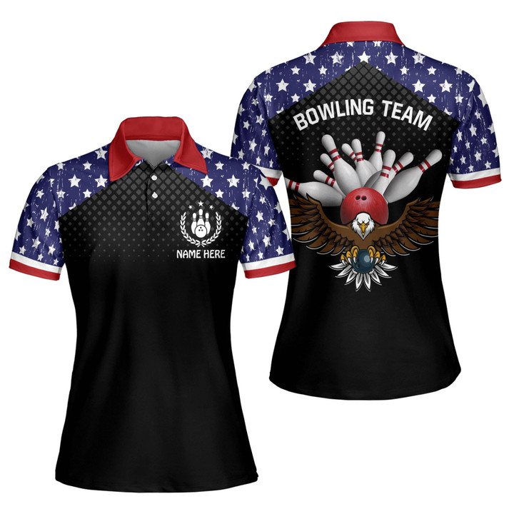 Custom Eagle American Flag Bowling Shirts for Women Funny Quick-Dry Bowling Shirts Short Sleeve Polo for Girls Funny Bowling Team Shirts for Women BW-043 - 1