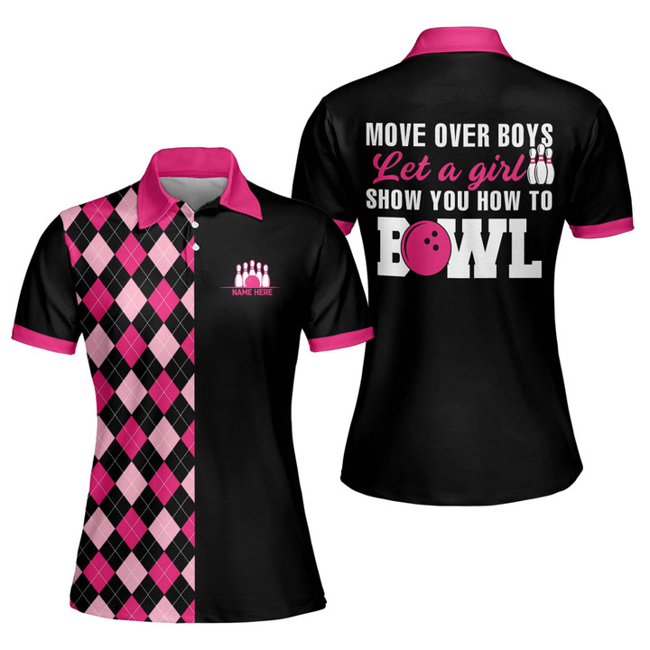 Personalized 3D Retro Bowling Short Sleeve Polo Shirts for Women Funny Move Over Boys Let A Girl Show You How to Bowl Pink Bowling Shirts for Women Bowling Team Shirts Women BW-067 - 1