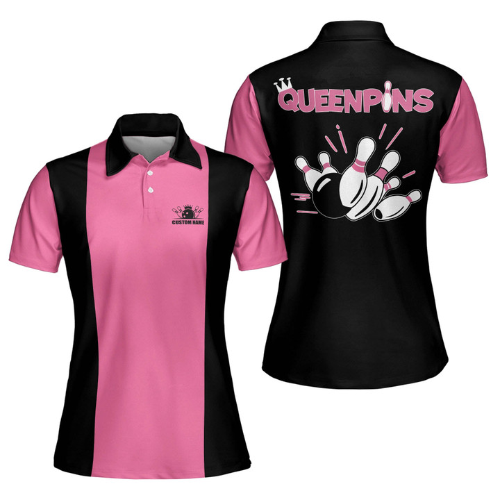 Personalized Queen Pins Pink Bowling Shirts for Women Custom Quick-Dry Bowling Shirts Short Sleeve Polo for Girls Funny Bowling Team Shirts for Women BW-050 - 1