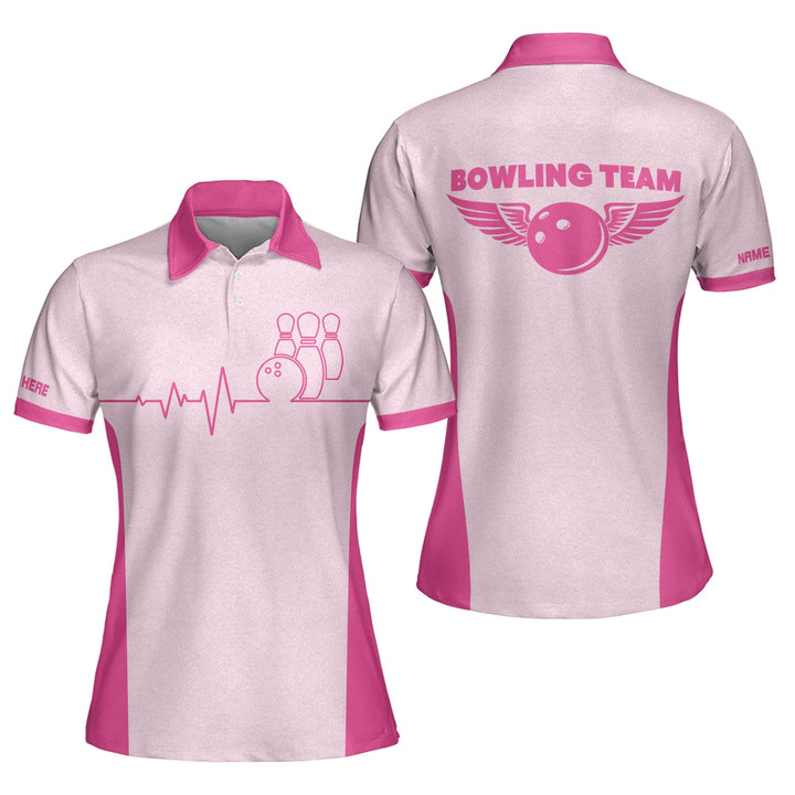 Personalized 3D Bowling Shirts for Women Custom Quick-Dry Bowling Shirts Short Sleeve Polo for Girls Funny Heartbeat Pulse Line Light Pink Bowling Shirts for Women Retro BW-036 - 1