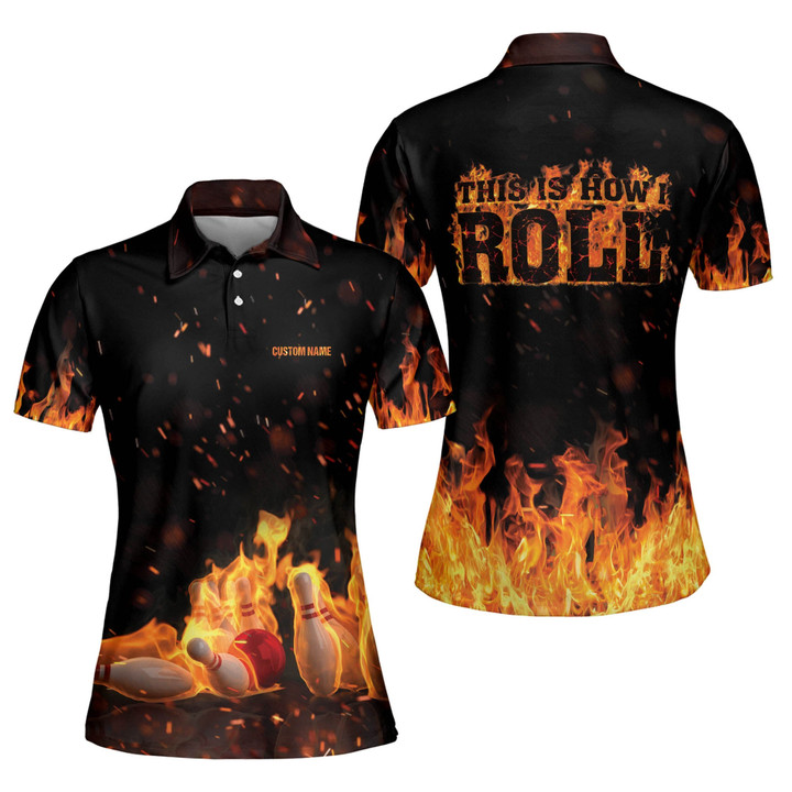 Personalized 3D Funny How I Roll Fire Flame Bowling Shirts for Women Custom Quick-Dry Bowling Shirts Short Sleeve Polo for Girls Flame Bowling Team Shirts for Women BW-049 - 1