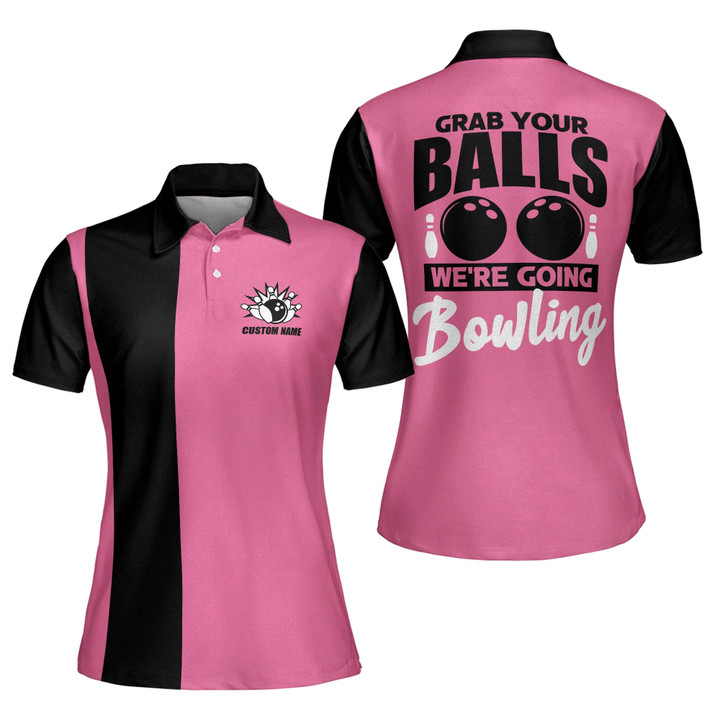 Personalized Funny Grab Your Balls Were Going Bowling Shirts for Women Custom Pink Bowling Shirts Short Sleeve Polo for Women Funny Bowling Team Shirts for Women BW-042 - 1
