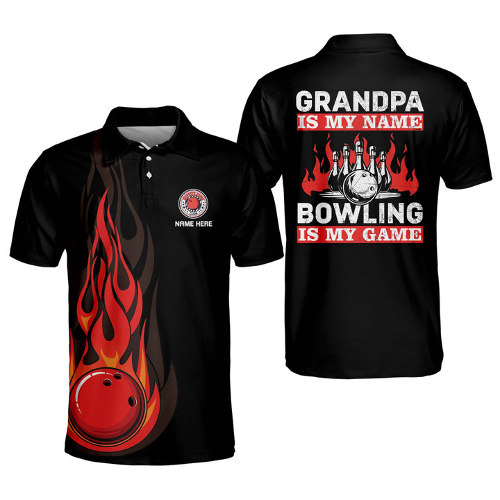 Custom Funny Bowling Shirts Mens Flame Bowling Shirt Short Sleeve Grandpa is My Name Bowling is My Game Fire Bowling Shirt for Men BOWLING-098 - 1