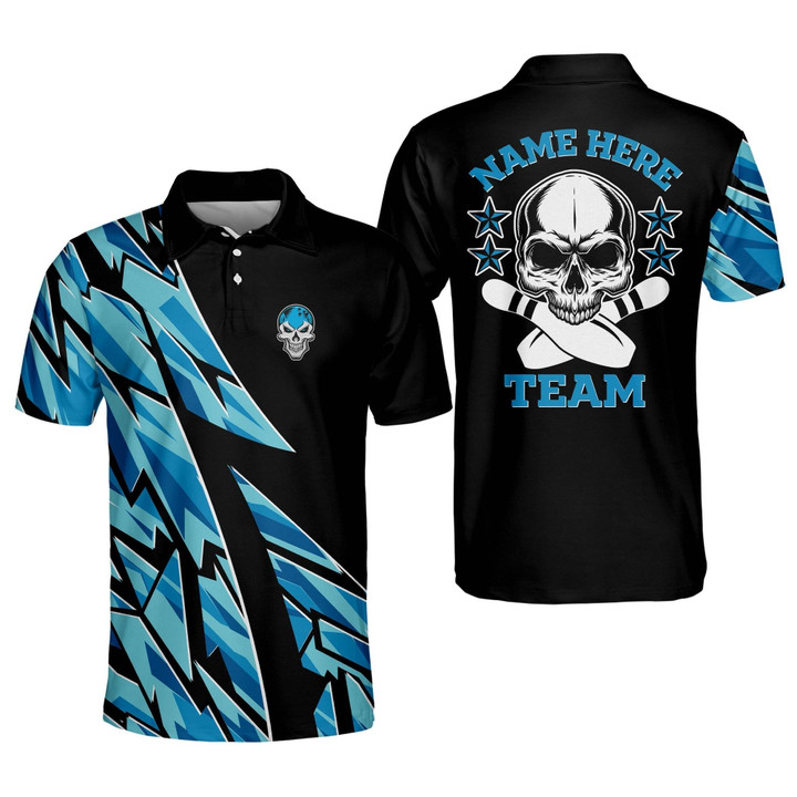 Custom Skull Bowling Shirt for Men Short Sleeve Bowling Polo Shirts Blue Bowling Shirt Crazy Bowling Team Skull Polo Shirt BOWLING-076 - 1