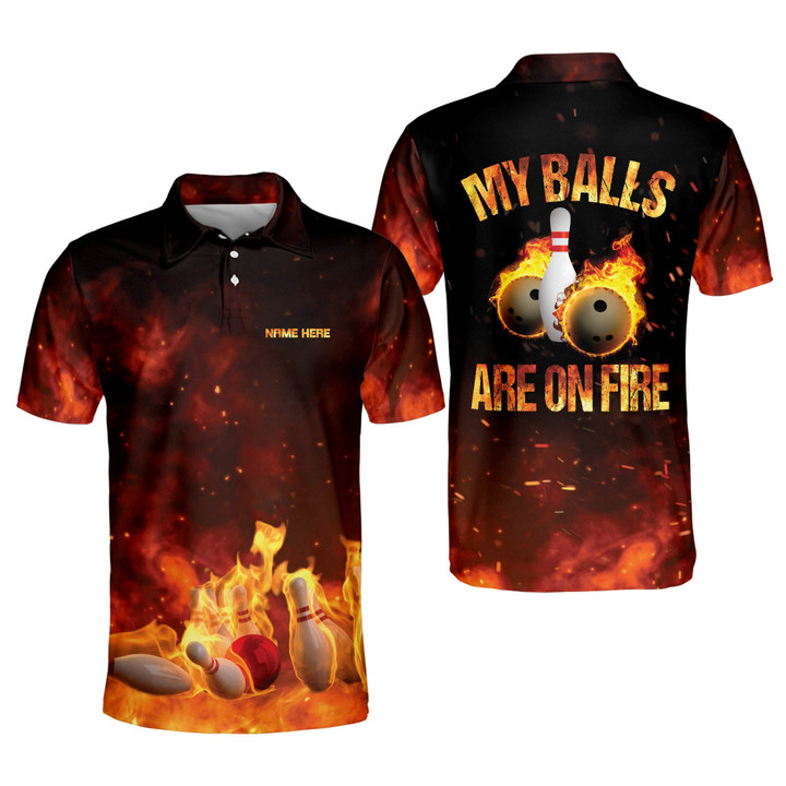 Custom Funny Bowling Shirts My Balls are On Fire Flame Bowling Shirt Personalized Fire Bowling Shirts Retro for Men Mens Crazy Bowling Team Short Sleeve Polo BOWLING-102 - 1