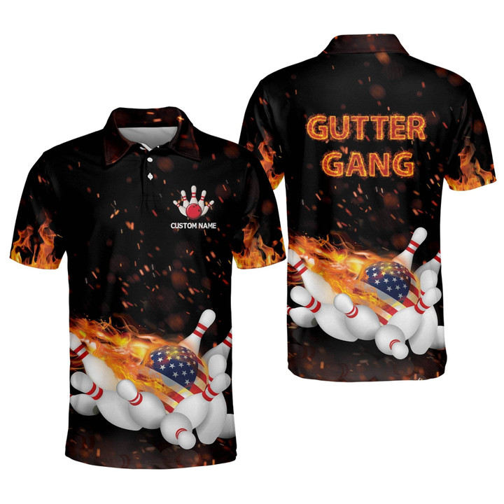 Custom Flame Bowling Shirt for Men Bowling Polo Shirts Short Sleeve Funny Bowling Team Polo USA Flag Bowling Shirt BOWLING-002 - 1