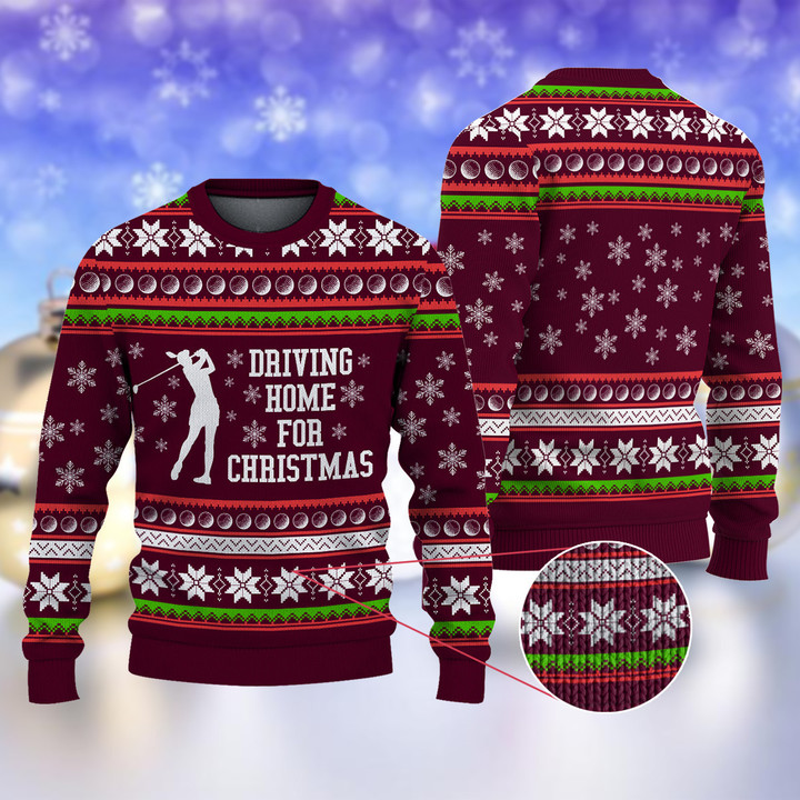 Golf Driving Home for Christmas Maroon Ugly Christmas Sweater Ugly Sweater For Men Women Holiday Sweater