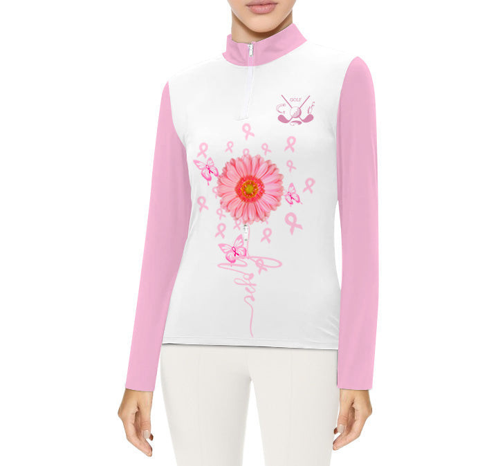 Womens  Pink Ribbon Sunflower Print Long Sleeve Low Collar Golf Polo Casual Shirt