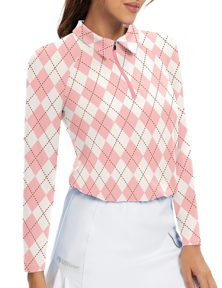 Women Golf Shirt Moisture Wicking Long Sleeve Shirt Half Zipper Long Sleeve Pink Argyle