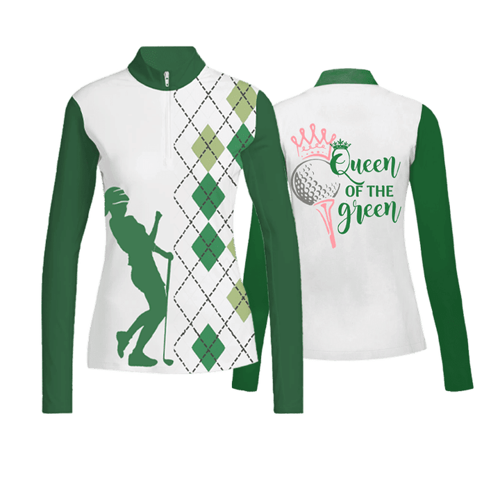 Womens Queen Of The Green  Print Long Sleeve Low Collar Golf Polo Shirt