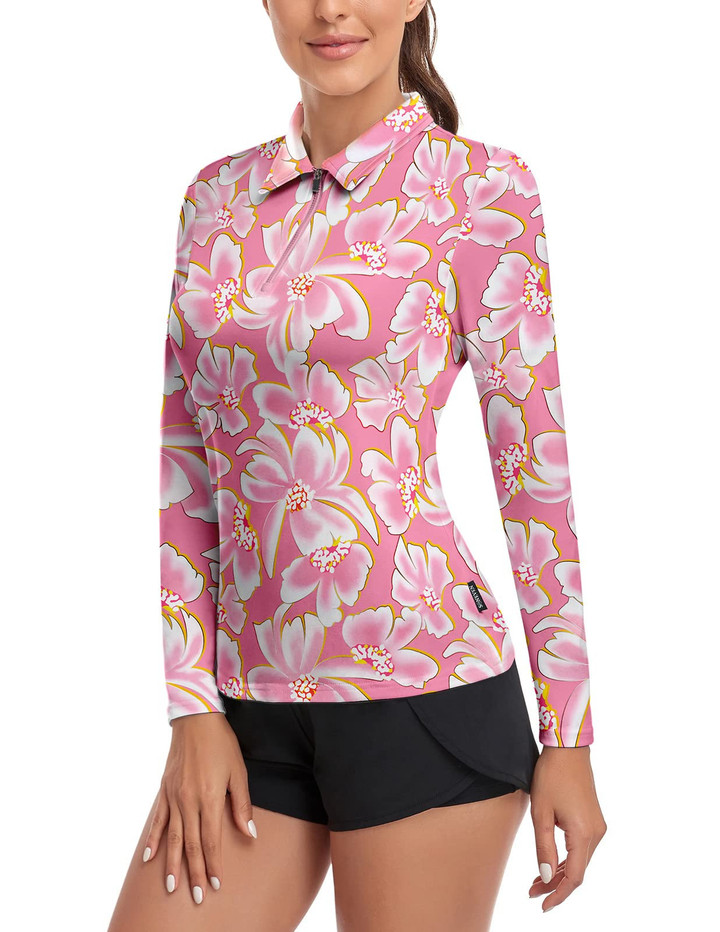 Women Golf Shirt Moisture Wicking Long Sleeve Shirt Half Zipper Long Sleeve Pink Floral