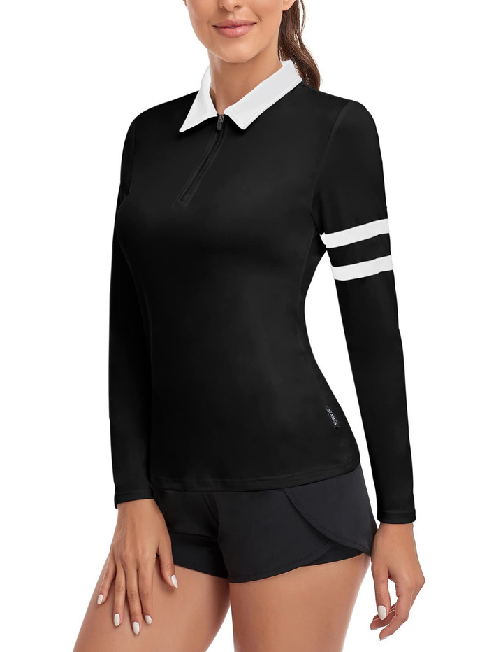 Women Golf Shirt Moisture Wicking Long Sleeve Shirt Half Zipper Long Sleeve Black
