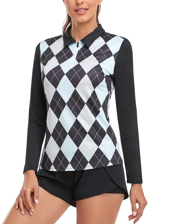Women Golf Shirt Moisture Wicking Long Sleeve Shirt Half Zipper Long Sleeve Black Printed