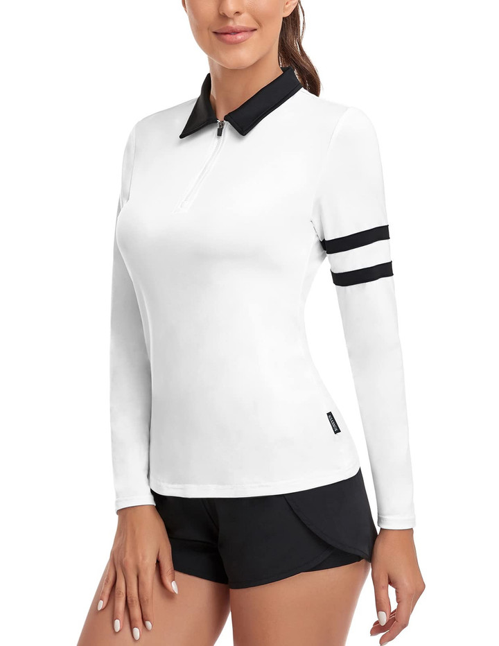 Women Golf Shirt Moisture Wicking Long Sleeve Shirt Half Zipper Long Sleeve White V2