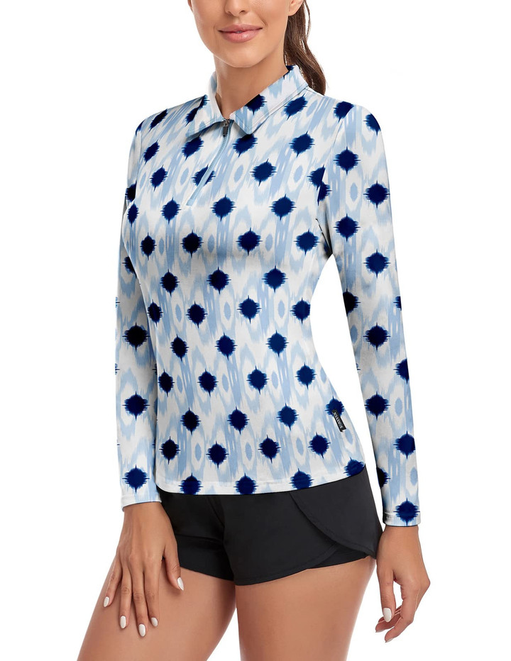 Women Golf Shirt Moisture Wicking Long Sleeve Shirt Half Zipper Long Sleeve Purple Dots