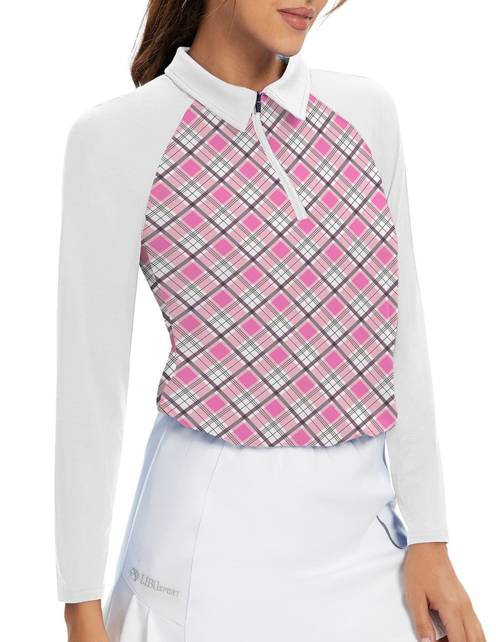 Women Golf Shirt Moisture Wicking Long Sleeve Shirt Half Zipper Long Sleeve Pink Pattern