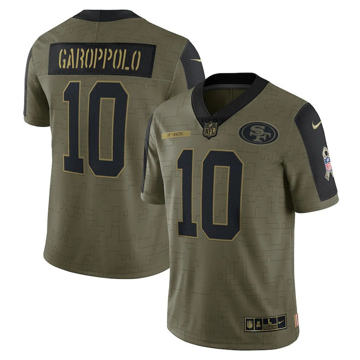 Men�s San Francisco 49ers Jimmy Garoppolo #10 Olive 2021 Salute To Service Limited Player Jersey