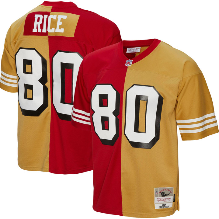 Men's Mitchell & Ness Jerry Rice Scarlet/Gold San Francisco 49ers 1994 Split Legacy Replica Jersey