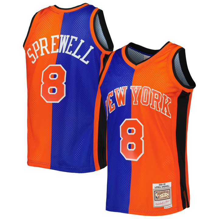 Latrell Sprewell New York Knicks Mitchell & Ness Hardwood Classics 1998-99 Split Swingman Jersey - Blue/Orange