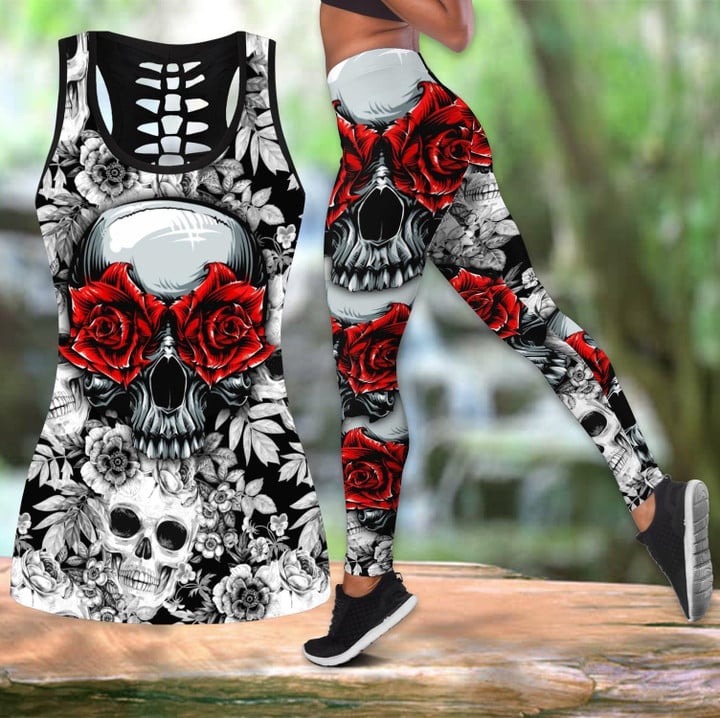 Red rose Skulls tanktop & legging outfit for women PL04082003 - Amaze Style™-Apparel