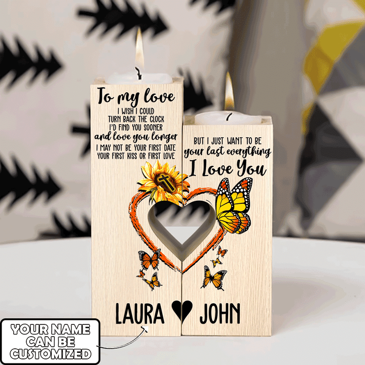 To My Love I Wish I Could Turn Back The Clock Jesus Valentine Sunflower With Butterfly Customized Couple Candle Holder - 