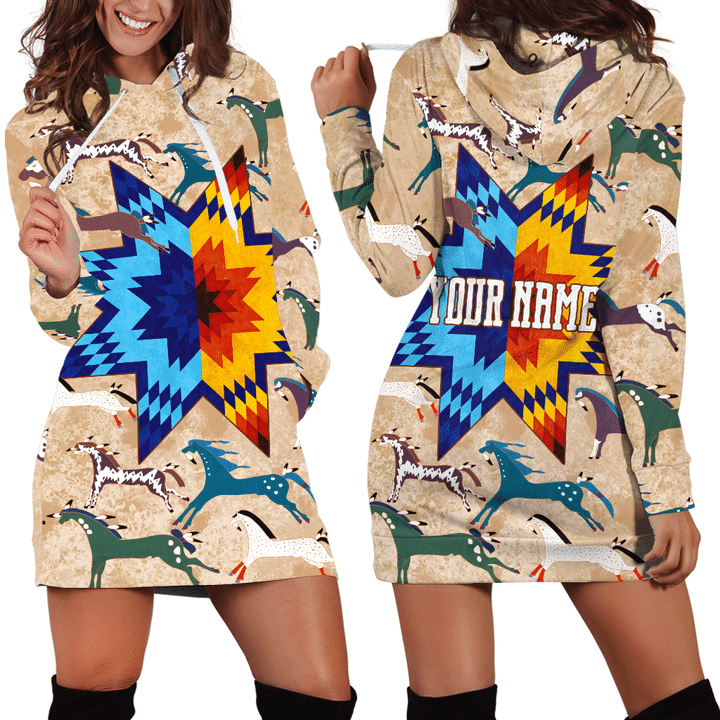 Native American Indian Horse With Native Star Ledger Art Customized 3D All Over Printed Shirt Dress - 